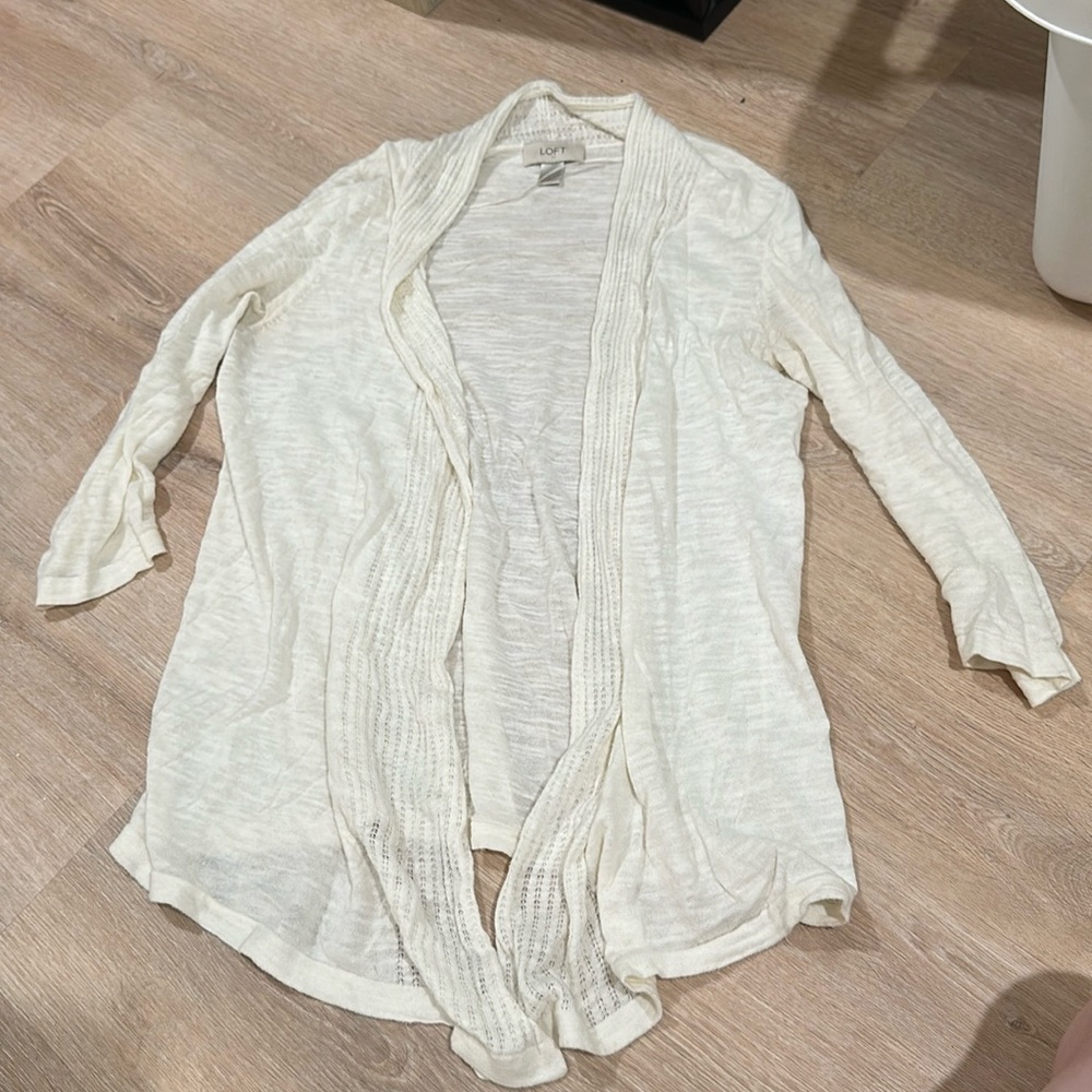 Small Loft cardigan sweater cream off white drape open